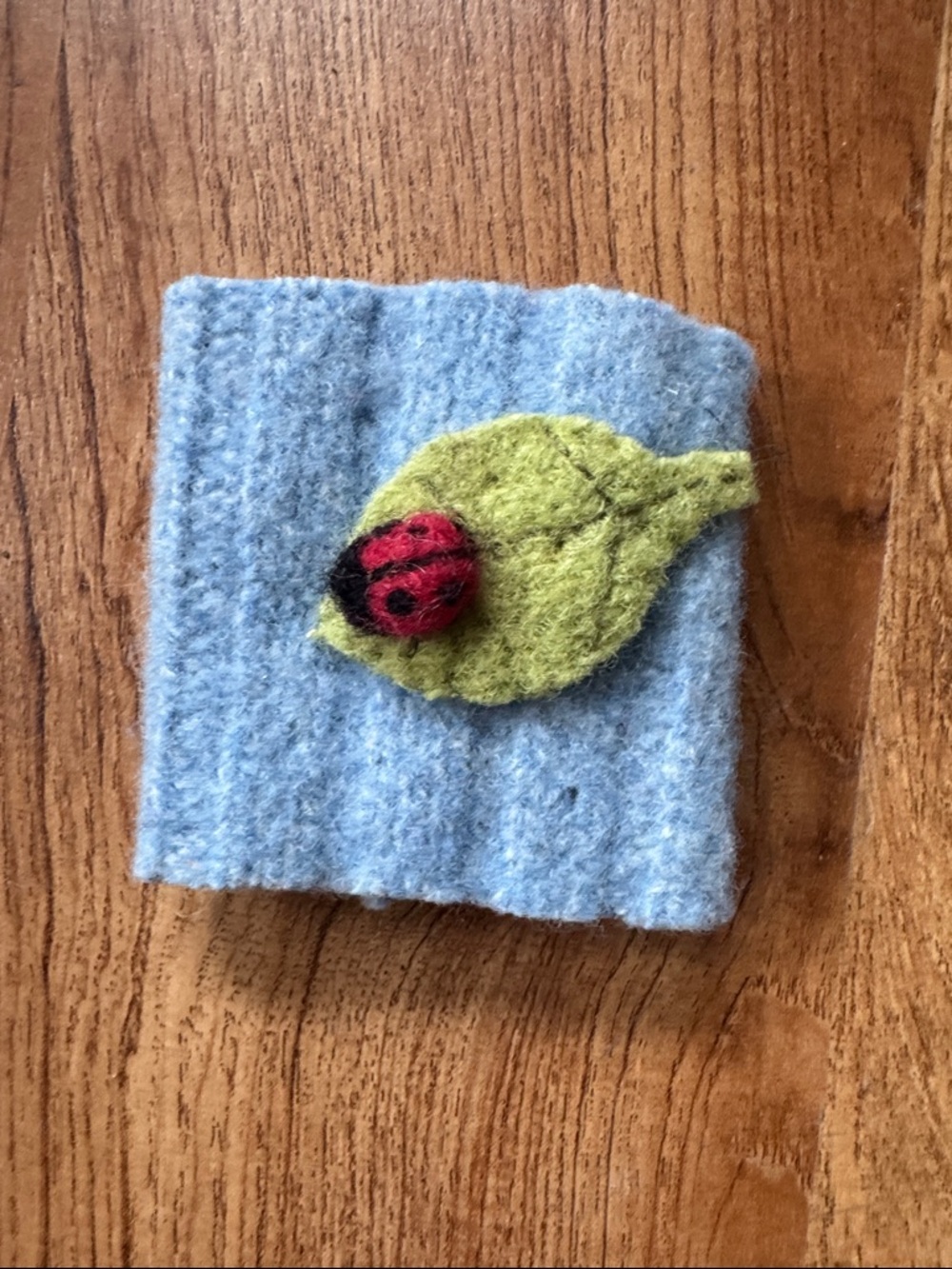 Coffee Cozy of Handcrafted 100% Wool Felt Leaf & Ladybug - Light Blue and Green